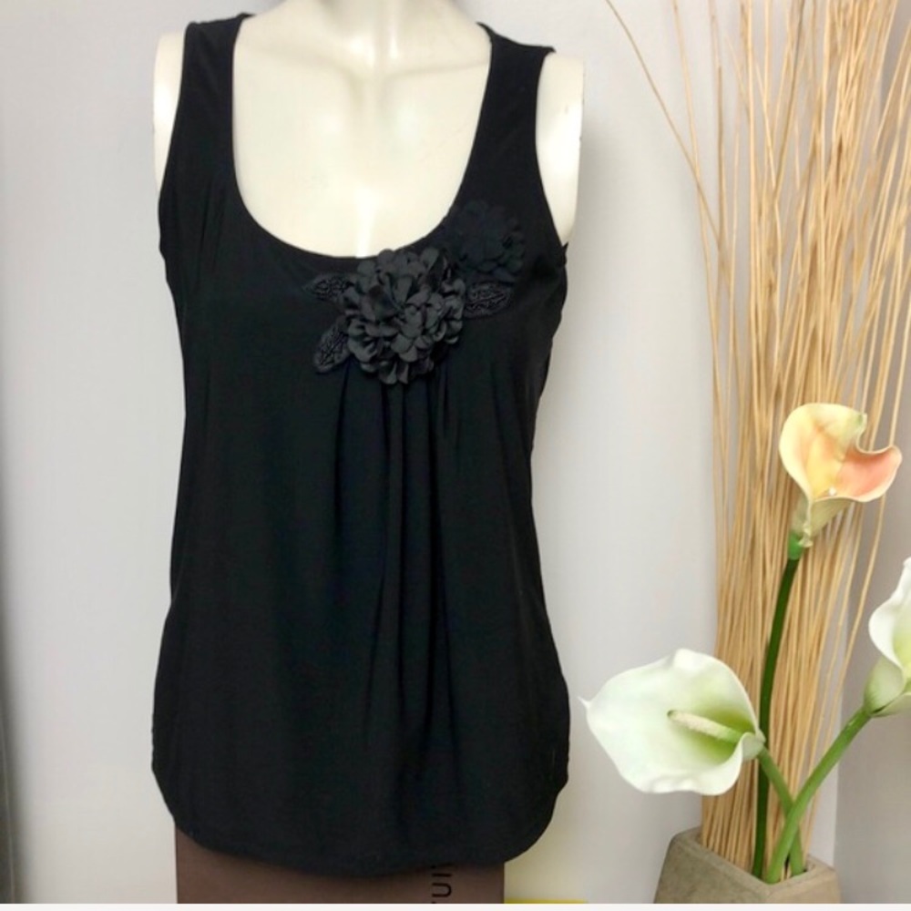 WHBM Black Sleeveless Top Beaded/Floral Top Size S